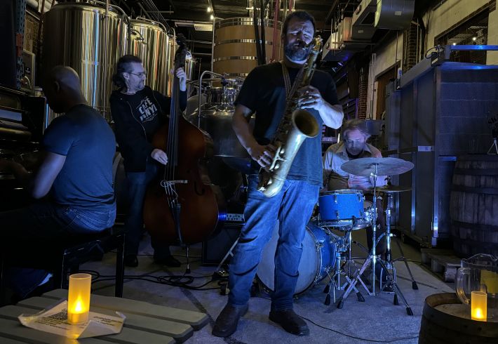 Chris Cuzme (the guy with the sax) leads a Wednesday evening jam at Fifth Hammer Brewing in Long Island City.