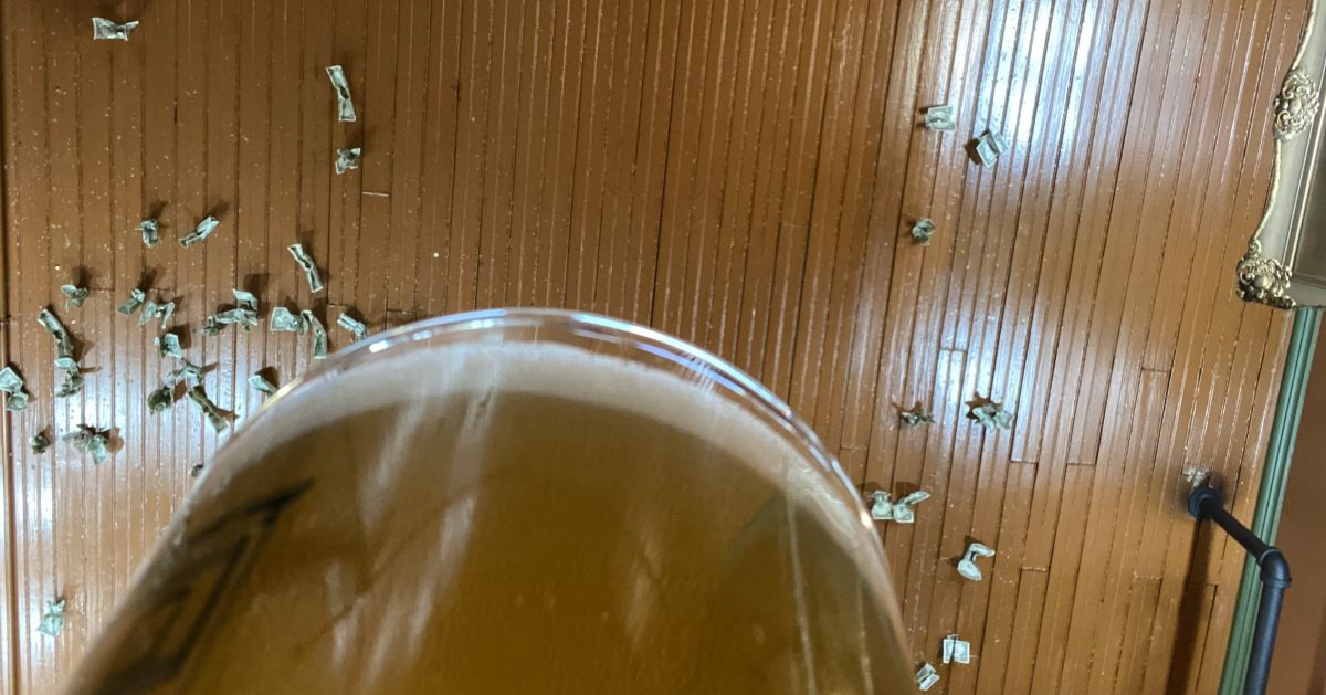 Ceiling at Baumgartner's Cheese Store Tavern, as seen from under a beer glass