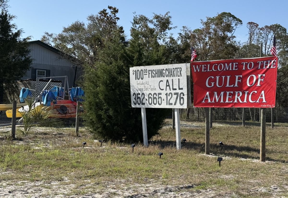 Gulf of America sign, seen outside of  Cedar Key, Florida