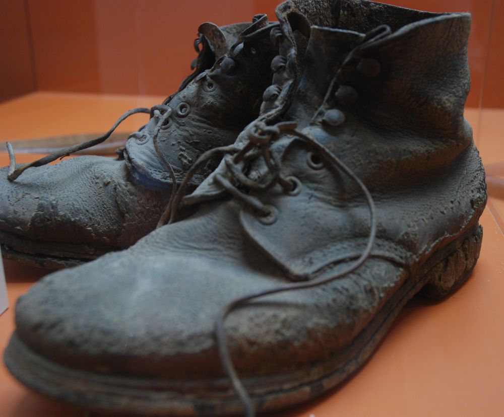 A hop worker's shoes, seen at Deutsches Hopfenmuseum in Wolnzach, Germany