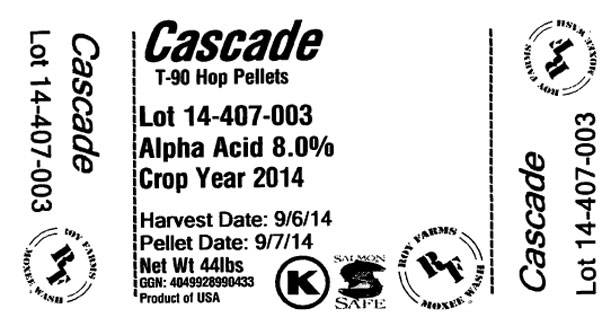 Roy Farms hop package label (Cascade)