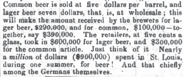 Lager beer sales, St. Louis, 1854